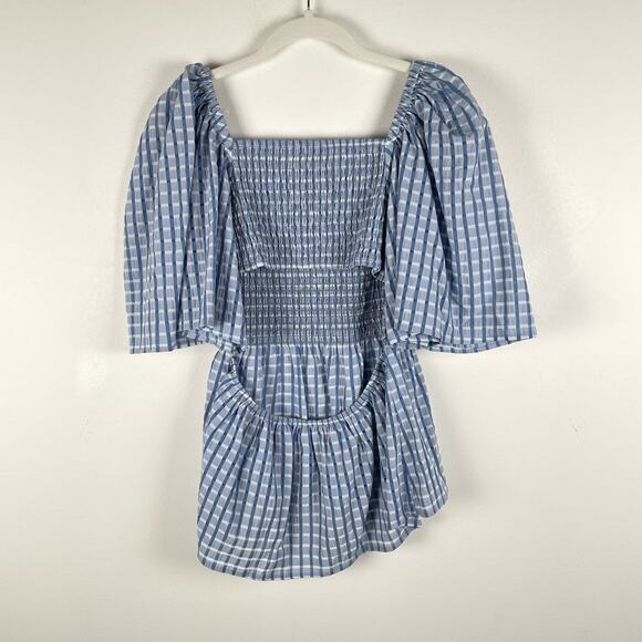 Anthropologie Stella Nova Penelope Smocked Blouse US 6 Blue Plaid Check Cutout - Picture 2 of 10